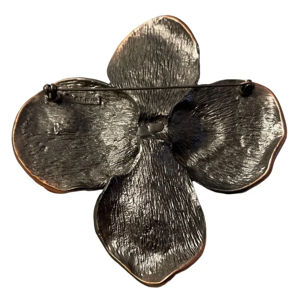 VTG Erwin Pearl Rhinestone Layered Petal‎ Flower Copper Color Enamel Brooch Pin